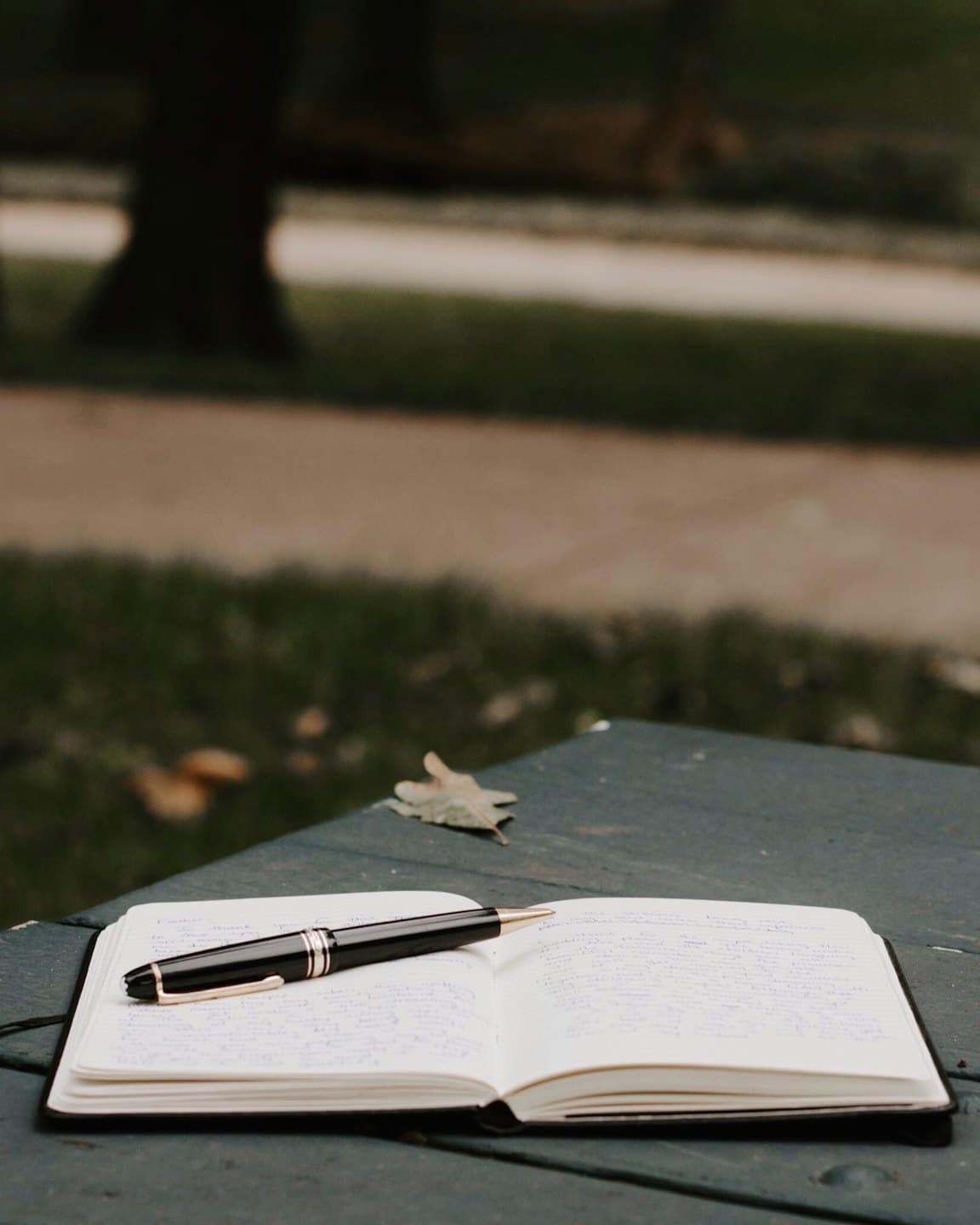Open notebook with a fountain pen on an outdoor table.