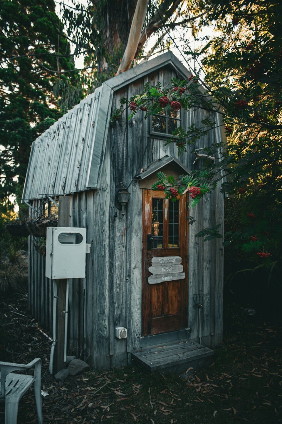 Rustic garden shed with welcome sign among trees and berries.